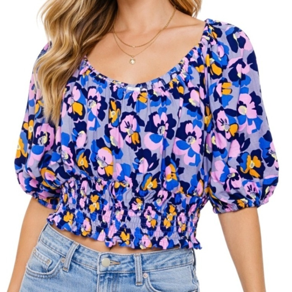 Peyton & Parker NWT Floral Smocked Waist Puff Sleeve Crop Top Ash Violet Size XL